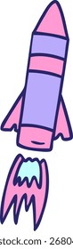 Dibujado a mano doodle de dibujos animados de un cohete espacial en color neón brillante