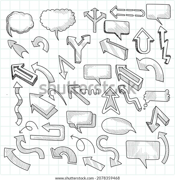 Hand drawn cartoon doodle speech bubbles and arrow\
sketch design