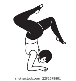 Hand drawn cartoon doodle style woman doing a hand stand pose isolated vector illustration in contour line design
