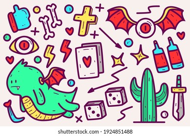 hand drawn cartoon dragon doodle design for wallpaper, stickers, coloring books, pins, emblems, logos and more