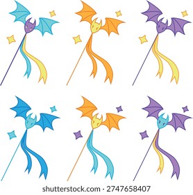 Hand drawn cartoon dragon magic wand isolated on white background. Set of vector illustration.
