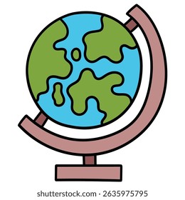 Hand drawn cartoon earth globe with world map isolated on white background. Vector illustration.