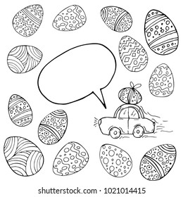 Hand drawn cartoon easter car and eggs with place for text on white background. Vector coloring card. Spring holiday card.