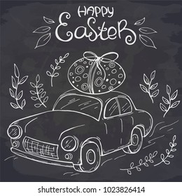 Hand drawn cartoon easter car with egg on chalkboard. Happy easter. Vector. Spring holiday card.