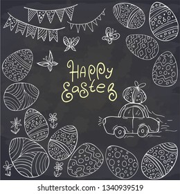 Hand drawn cartoon Easter car, Easter eggs and butterfly on chalkboard. Lettering Happy Easter. Vector coloring card. Spring holiday card.