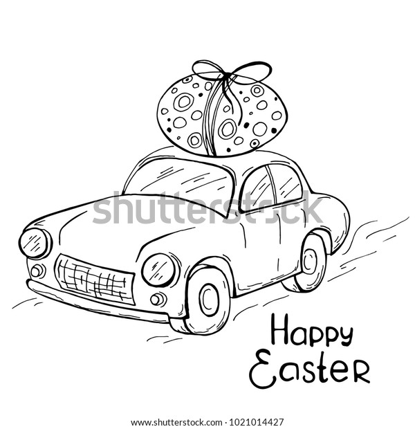 Hand\
drawn cartoon easter car with egg on white background. Happy\
easter. Vector coloring card. Spring holiday\
card.
