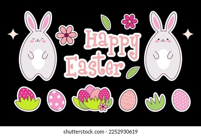 Hand drawn cartoon easter stickers collection. Cute kawaii rabbits, easter eggs and flowers.