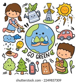 Hand Drawn Cartoon Ecology Doodle, Save Our Planet, Go Green Environmental Concept