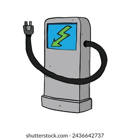Hand drawn cartoon electric car charging station isolated on white background. Vector illustration.