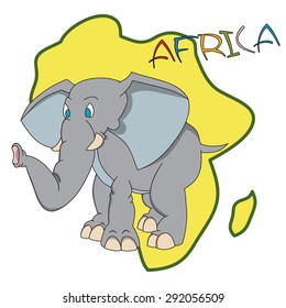 Hand drawn cartoon elephant with African continent silhouette as a background and "Africa" lettering.