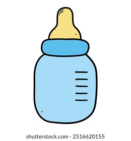Handgezeichneter Cartoon, leere Babyflasche einzeln auf weißem Hintergrund. Vektorgrafik.
