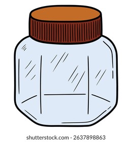 Hand drawn cartoon empty closed glass jar isolated on white background. Vector illustration.