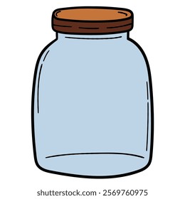 Hand drawn cartoon empty glass jar with wooden cap isolated on white background. Vector illustration.