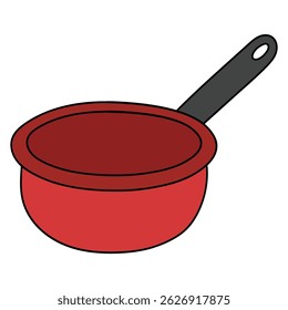 Hand drawn cartoon empty red cooking pot saucepan with handle isolated on white background. Vector illustration.
