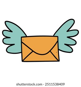 Hand drawn cartoon envelope with wings isolated on a white background. Vector illustration.