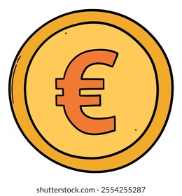Hand drawn cartoon euro gold coin isolated on a white background. Vector illustration.