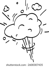 Hand drawn cartoon explosion cloud rising dramatically, surrounded by swirling smoke and fluffy clouds, creating a vibrant and visually striking illustration full of energy and impact