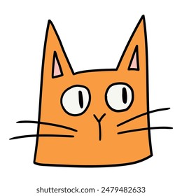 Cara dibujada a mano de la historieta del gato curioso aislado sobre fondo blanco. Ilustración vectorial.