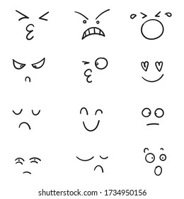 hand drawn Cartoon faces. Expressive eyes and mouth, smiling, crying and surprised character face expressions. Caricature comic emotions or emoticon doodle. 