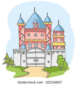 Hand drawn cartoon fairy tale castle icons, castle for princess doodle vector sketch, fairytale, game icon, cute magic castle kingdom illustration
