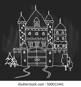 Hand drawn cartoon fairy tale castle icon. Vector illustration. Doodle style Castle for princess. Sketch tree, fairytale, game icon, cute magic kingdom. Old building facade. Tower with flags.