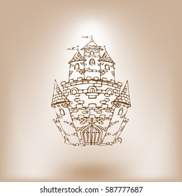 Hand drawn cartoon fairy tale castle icon. Vector illustration. Doodle style Castle for princess. Sketch tree, fairytale, game icon, cute magic kingdom. Old building facade. Tower with flags.