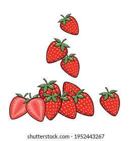 Hand Drawn Cartoon Falling Fresh Natural  Red Strawberries Isolated on white background Vector Design Elements of Organic Berries Suitable for any use. Textile Fabric Prints Card or Banner Web or else