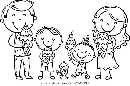 Hand drawn cartoon family eating ice cream, outline isolated characters, black and white flat vector illustration