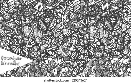 Hand drawn cartoon fantasy psychedelic doodle seamless pattern. Funny sketch vector background for your amazing ideas.