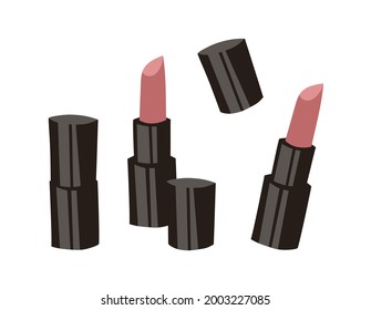 Hand Drawn Cartoon Fashion Illustration Makeup Tools Lipstick. Vector Set Drawing Beauty Product Lips Gloss. Art Work Collection Decorative Cosmetic