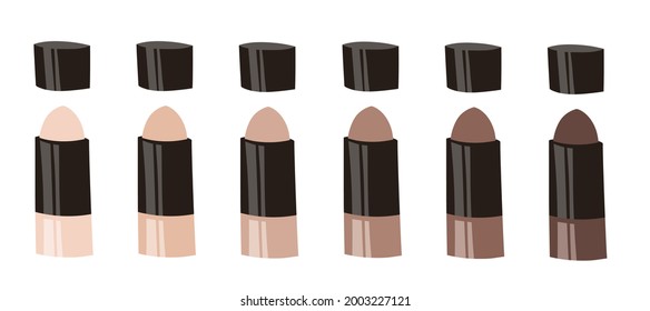 Hand Drawn Cartoon Fashion Illustration Makeup Tools Pencil Сorrector. Vector Set Drawing Beauty Products Сoncealers. Art Work Collection Decorative Cosmetics Skin Tone