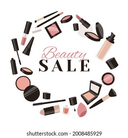 Hand Drawn Cartoon Fashion Illustration Makeup Tools. Vector Set Drawing Beauty Product. Art Work Collection Decorative Cosmetic