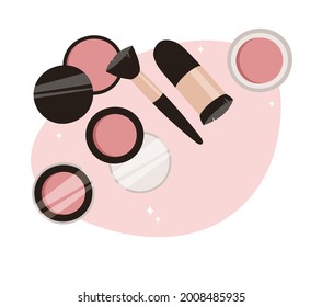 Hand Drawn Cartoon Fashion Illustration Makeup Tools Palette Blush. Vector Set Drawing Beauty Products. Art Work Collection Decorative Cosmetics