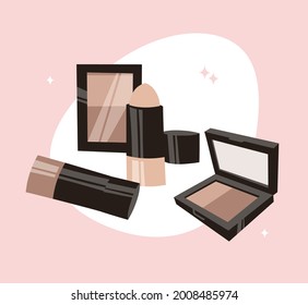 Hand Drawn Cartoon Fashion Illustration Makeup Tools Сorrector. Vector Set Drawing Beauty Products Сoncealers. Art Work Collection Decorative Cosmetics Skin Tone