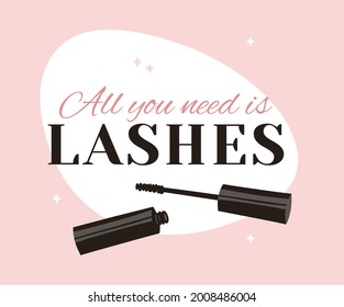 Hand Drawn Cartoon Fashion Illustration Makeup Tools Mascara. Vector Set Drawing Beauty Products. Art Work Collection Decorative Cosmetics and text