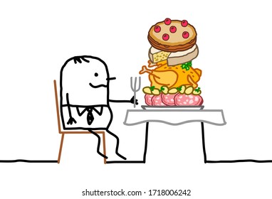 hand drawn Cartoon fat man sitting a a table, with a too big pile of food in his plate