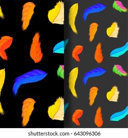 Hand drawn cartoon feathers pattern, vector illustration. Graphic elements in different scale, colors, forms.