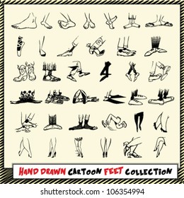 Hand drawn cartoon feet collection in black on light yellow background