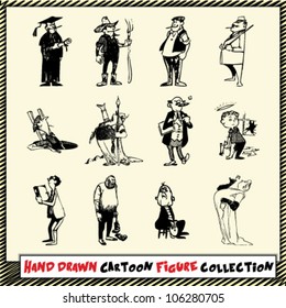 Hand drawn cartoon figure collection in black on light yellow background