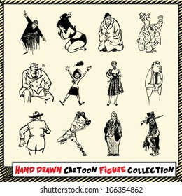 Hand drawn cartoon figure collection in black on light yellow background