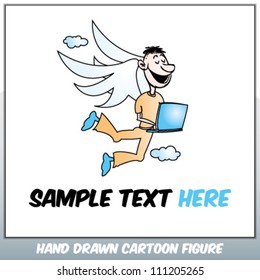 Hand drawn cartoon figure of a man working with ease on a laptop