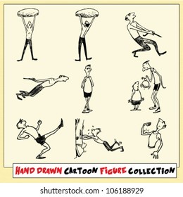 Hand drawn cartoon figures in motion on light yellow background (2)