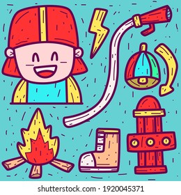 hand drawn cartoon firefighter doodle design for wallpaper, stickers, coloring books, pins, emblems, logos and more