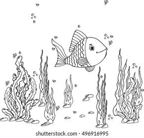 Hand drawn cartoon fish on the seabed with algae. Vector illustration of a fish in the sea. Doodle funny fish in the aquarium.