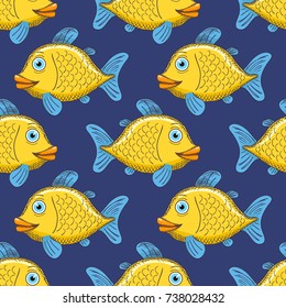 Hand Drawn Cartoon Fish Seamless Pattern. Vector illustration