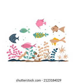 Hand Drawn Cartoon Fish Set. Underwater World Life. Vector Illustration