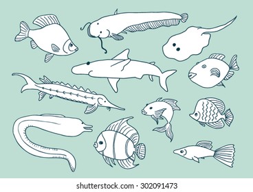 Hand drawn cartoon fish set