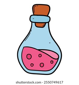 Hand drawn cartoon flask with potion isolated on white background. Vector illustration.