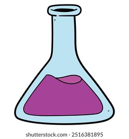 Hand drawn cartoon flat bottom flask isolated on white background. Laboratory glassware, chemistry, science, pharmacology. Vector illustration.