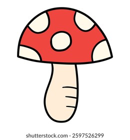 Hand drawn cartoon fly agaric mushroom isolated on white background. Vector illustration.